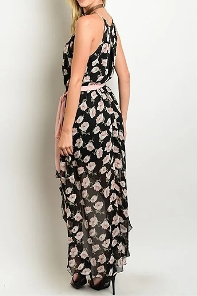 Womens Floral Blush High Low Sheer Royal Maxi Dress